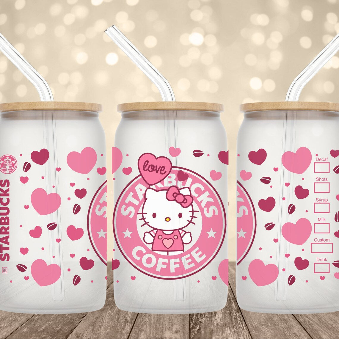 1 Custom 16oz GLASS ICED COFFEE CUP HELLO KITTY WINK VINYL with LID & STRAW
