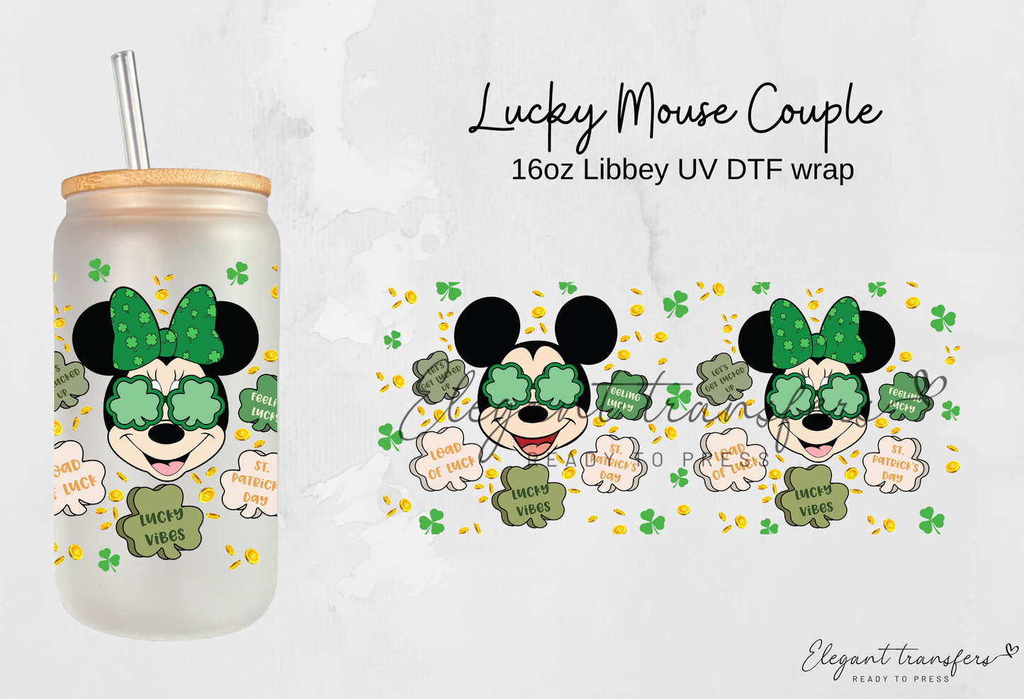 Lucky Mouse Couple Wrap [UV DTF - 16oz Glass Can] | Ready to Apply | Physical Product | Transfer |