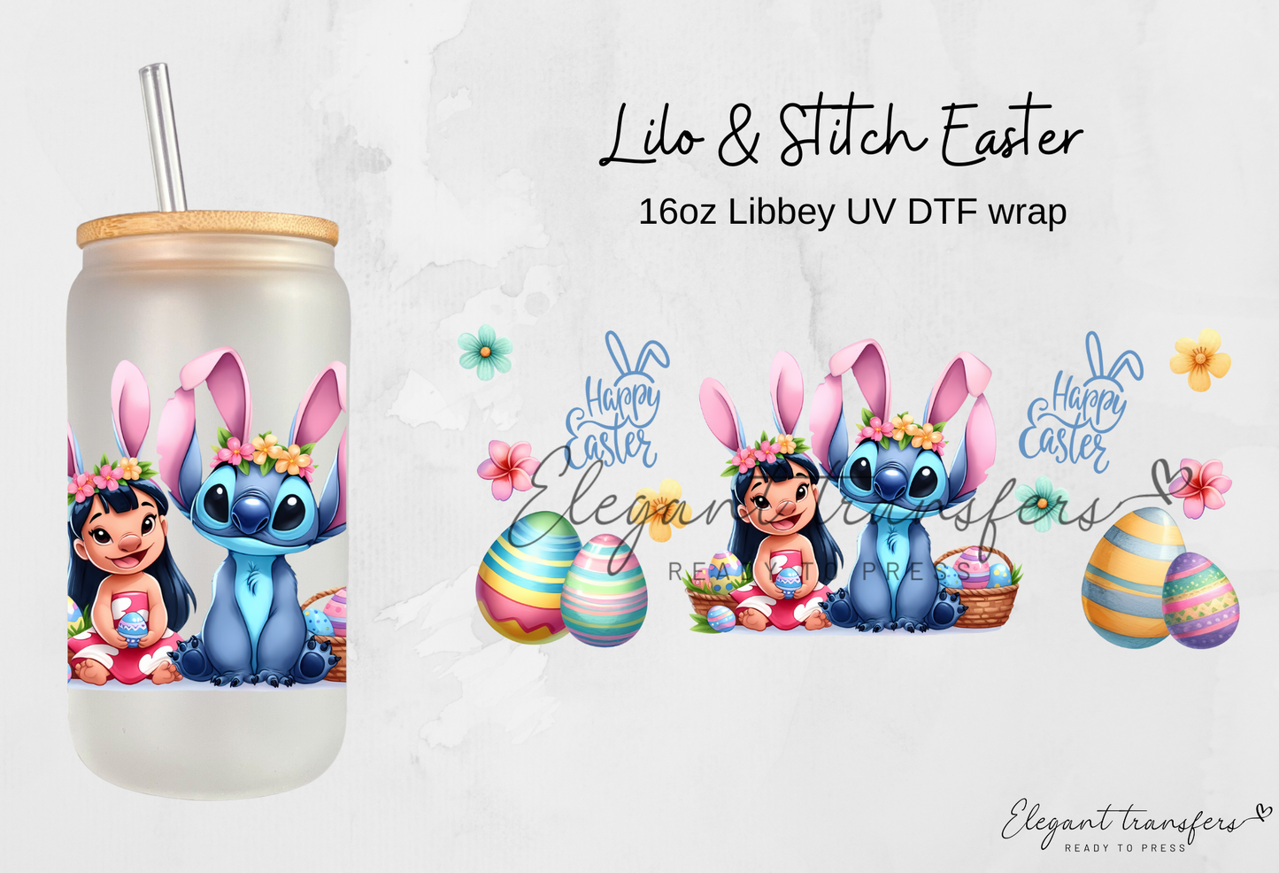 Lilo & Stitch Easter Wrap [UV DTF - 16oz Glass Can] | Ready to Apply | Physical Product | Transfer |