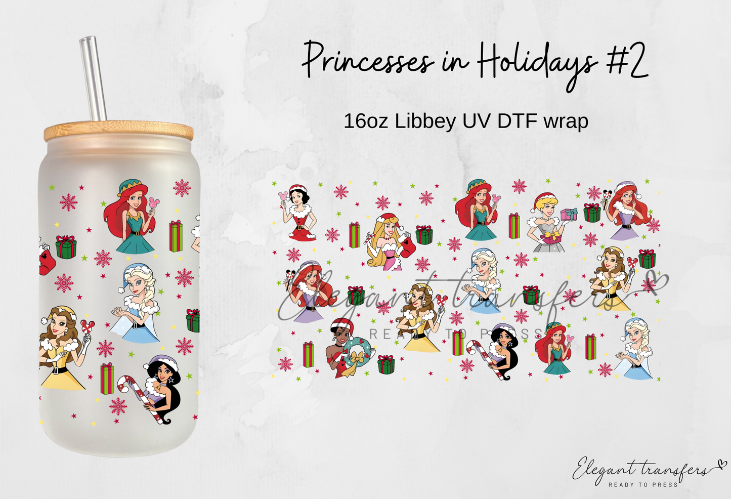 Princesses in Holidays #2 Cup Wrap [UV DTF - 16oz Libbey Glass Can] | Ready to Apply | Physical Item