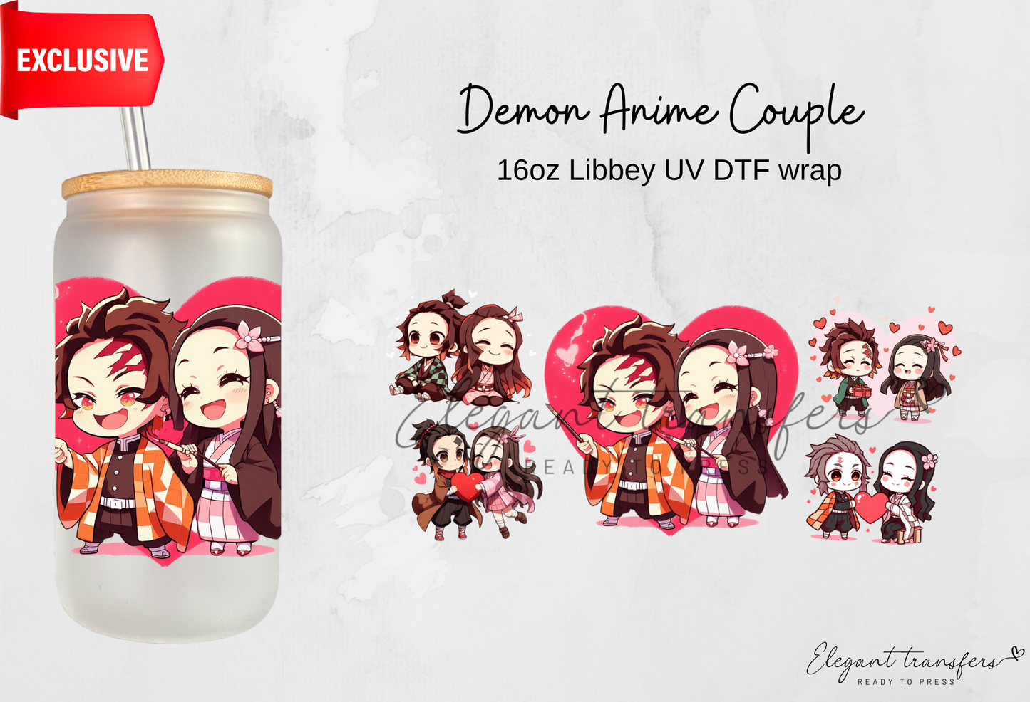 Demon Anime Couple wrap [EXCLUSIVE UV DTF - 16oz Libbey Glass Can] | Ready to Apply | Physical Product