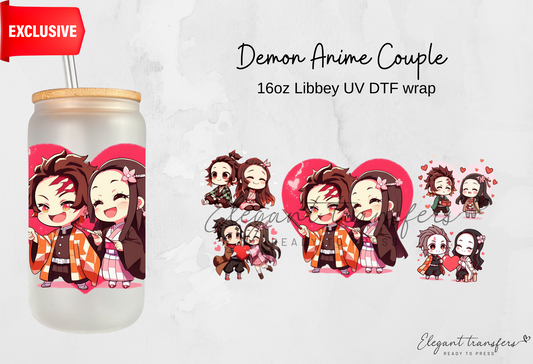 Demon Anime Couple wrap [EXCLUSIVE UV DTF - 16oz Libbey Glass Can] | Ready to Apply | Physical Product