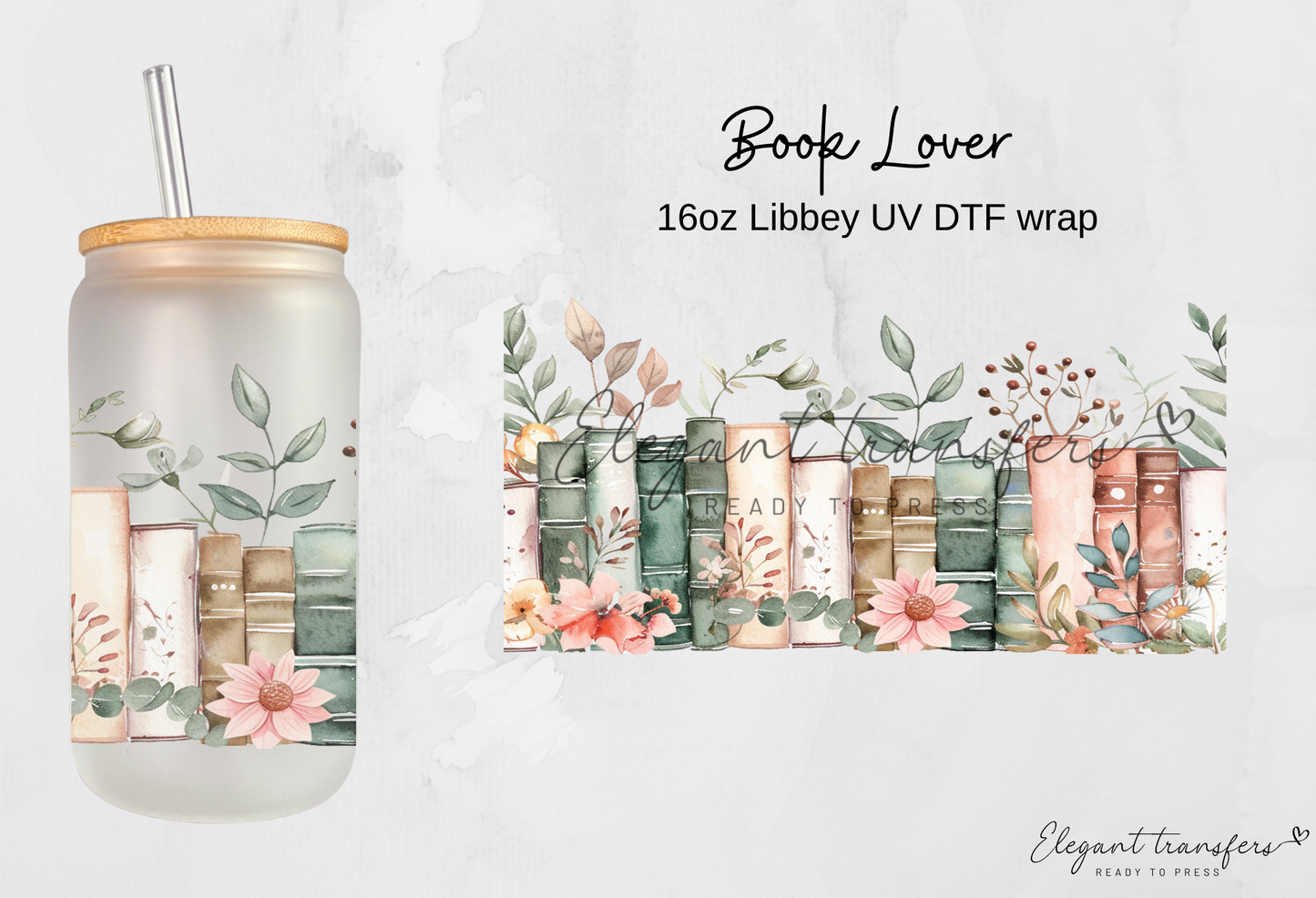 Book Lover Wrap [UV DTF - 16oz Libbey Glass Can] | Ready to Apply | Physical Product | Transfer