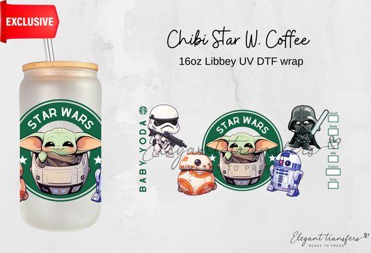 Chibi Star W. Coffee wrap [EXCLUSIVE UV DTF - 16oz Libbey Glass Can] | Ready to Apply | Physical Product