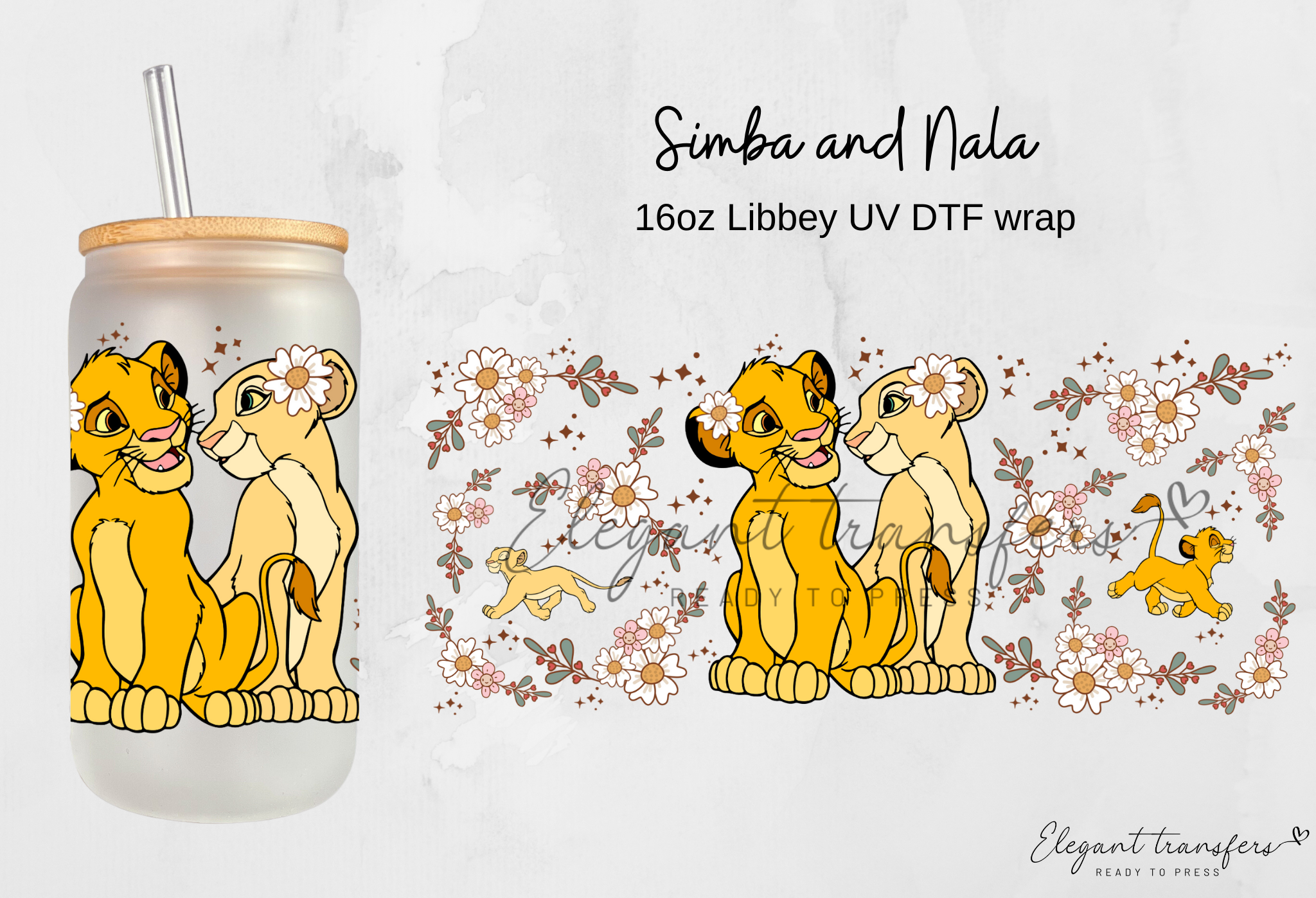 Simba and Nala wrap [UV DTF - 16oz Libbey Glass Can] | Ready to Apply ...