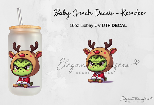 Baby Grinch & Reindeer Decals Collection [EXCLUSIVE UV DTF - 16oz Glass Can] | Ready to Apply | Physical Item