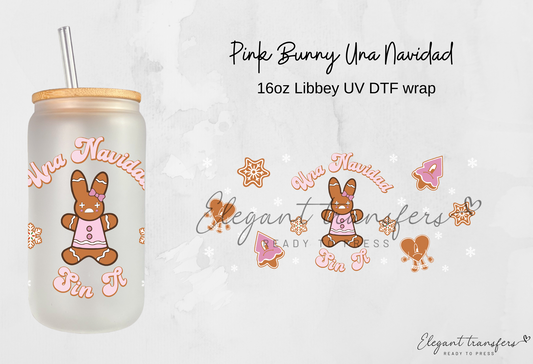 Pink Bunny Una Navidad Wrap [UV DTF - 16oz Libbey Glass Can] | Ready to Apply | Physical Item