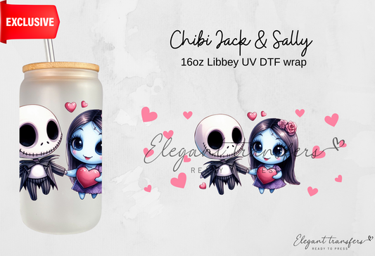 Chibi Jack & Sally wrap [EXCLUSIVE UV DTF - 16oz Libbey Glass Can] | Ready to Apply | Physical Product
