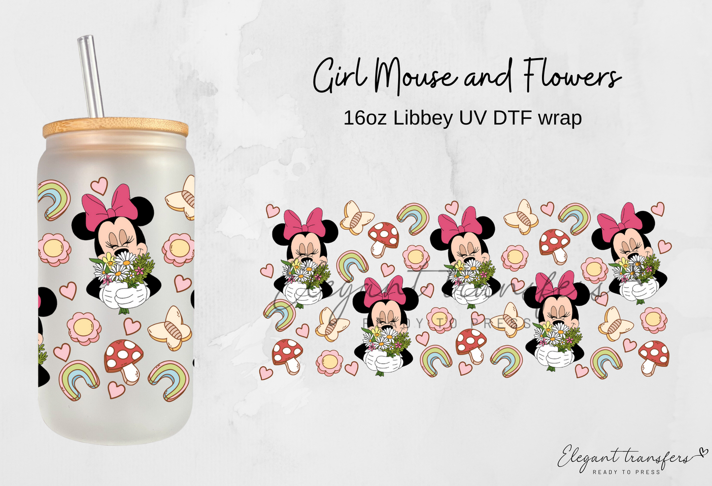 Girl Mouse and Flowers wrap [UV DTF - 16oz Libbey Glass Can] | Ready to Apply | Physical Product