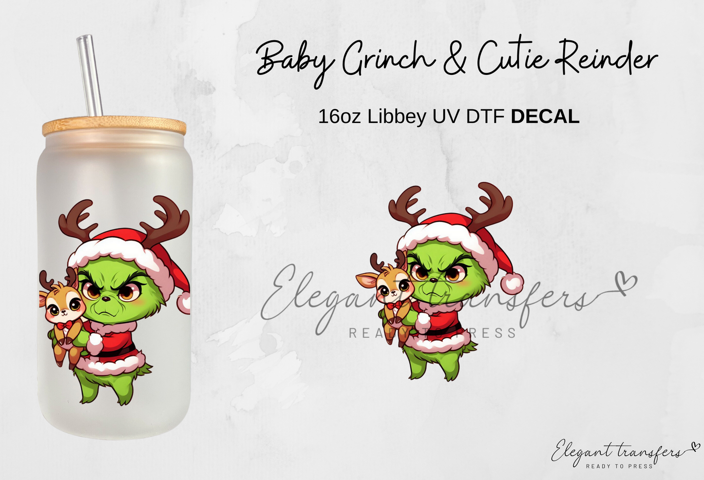 Baby Grinch & Reindeer Decals Collection [EXCLUSIVE UV DTF - 16oz Glass Can] | Ready to Apply | Physical Item