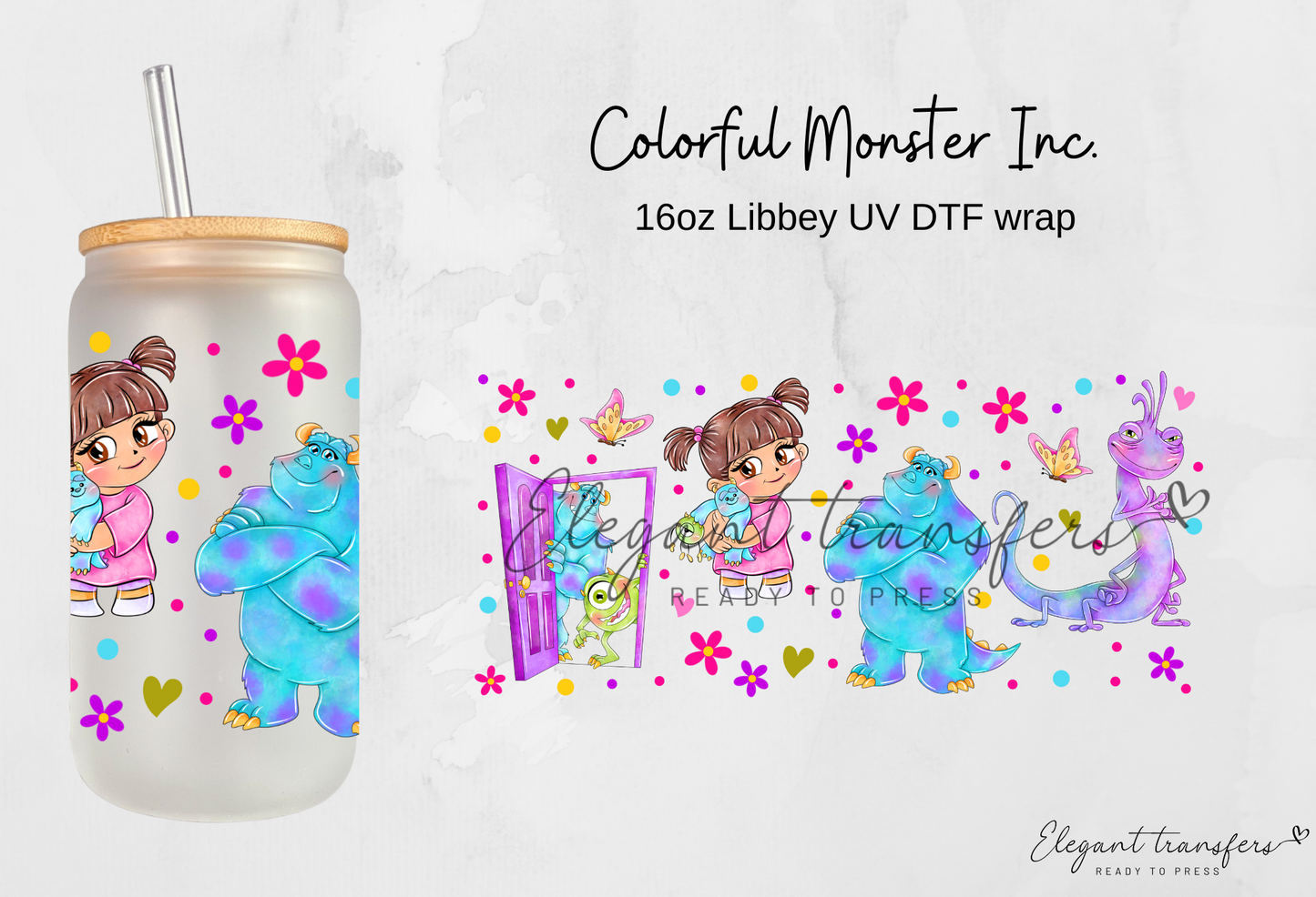 Colorful Monster Inc. wrap [UV DTF - 16oz Libbey Glass Can] | Ready to Apply | Physical Product