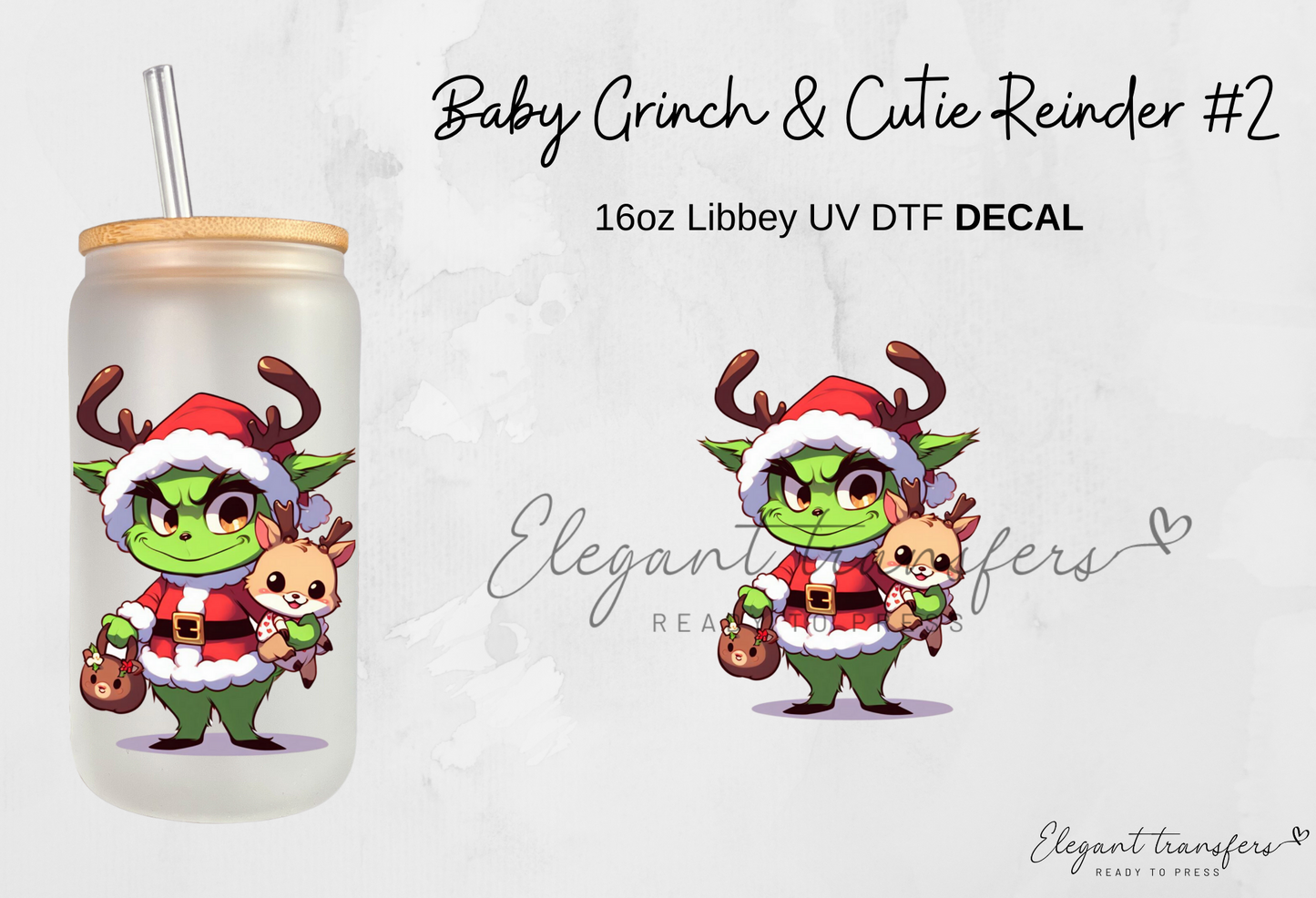Baby Grinch & Reindeer Decals Collection [EXCLUSIVE UV DTF - 16oz Glass Can] | Ready to Apply | Physical Item