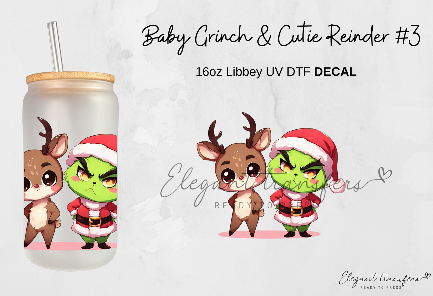 Baby Grinch & Reindeer Decals Collection [EXCLUSIVE UV DTF - 16oz Glass Can] | Ready to Apply | Physical Item