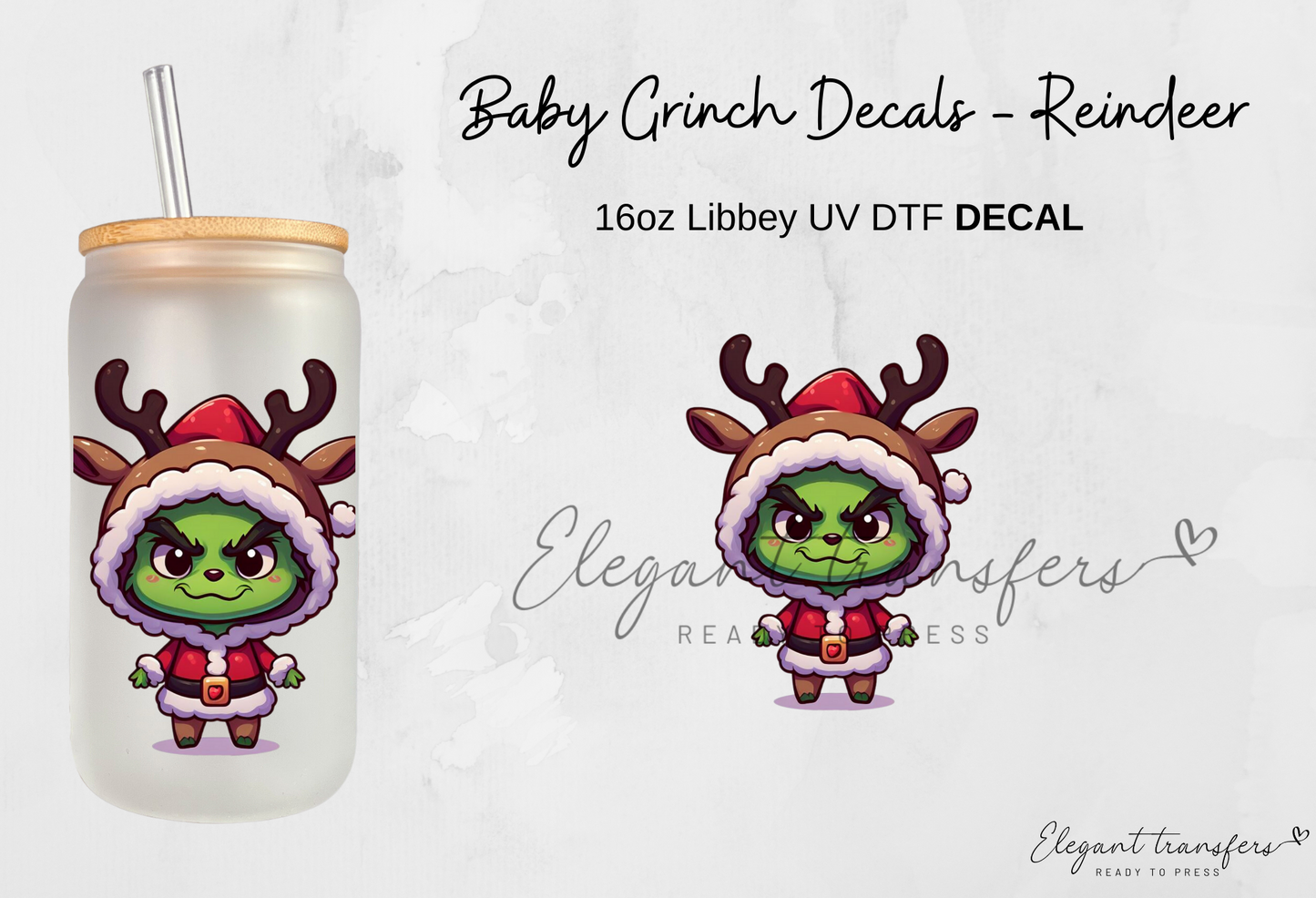 Baby Grinch & Reindeer Decals Collection [EXCLUSIVE UV DTF - 16oz Glass Can] | Ready to Apply | Physical Item