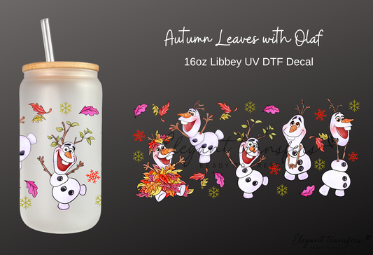 Autumn Leaves with Olaf Wrap [UV DTF - 16oz Libbey Glass Can] | Ready to Apply | Physical Product | Transfer