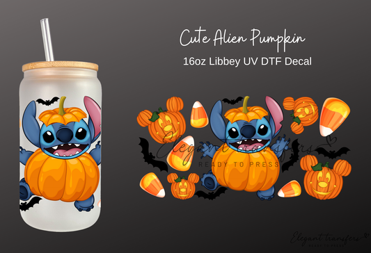 Cute Alien Pumpkin Wrap [UV DTF - 16oz Libbey Glass Can] | Ready to Apply | Physical Product | Transfer