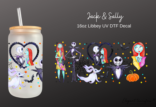 Jack & Sally Wrap [UV DTF - 16oz Libbey Glass Can] | Ready to Apply | Physical Product | Transfer