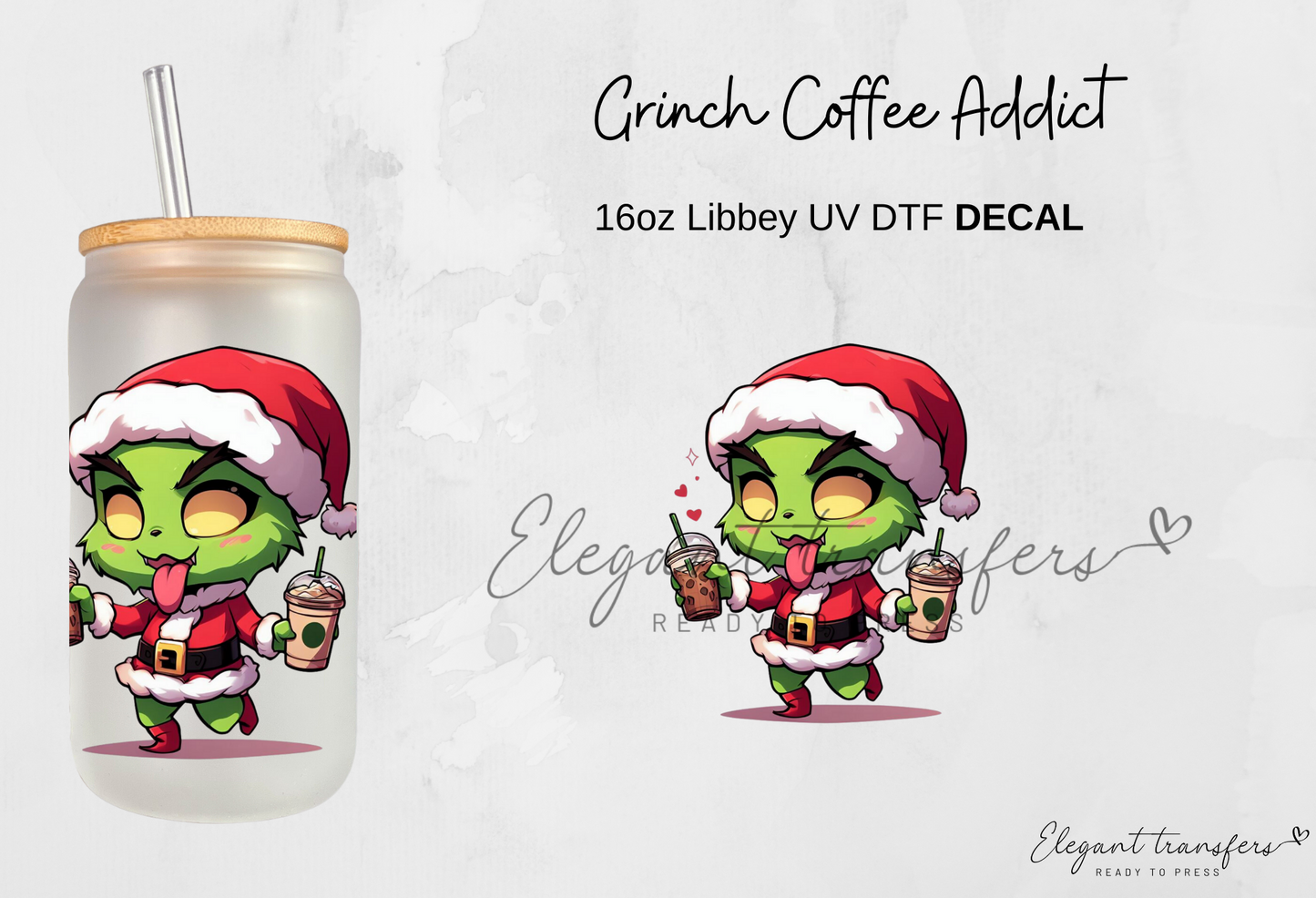 Grinch & Coffee Decals Collection [EXCLUSIVE UV DTF - 16oz Glass Can] | Ready to Apply | Physical Item
