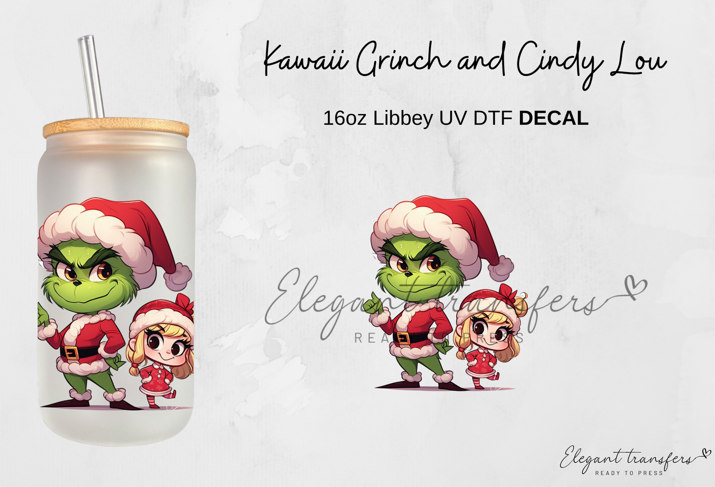 Baby Grinch & Cindy Lou Decals [EXCLUSIVE UV DTF - 16oz Glass Can] | Ready to Apply | Physical Item