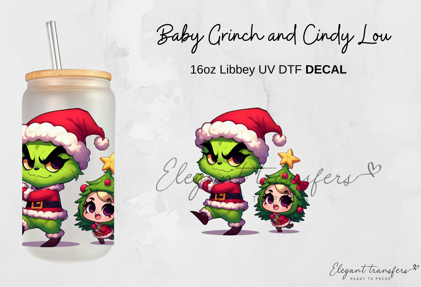 Baby Grinch & Cindy Lou Decals [EXCLUSIVE UV DTF - 16oz Glass Can] | Ready to Apply | Physical Item