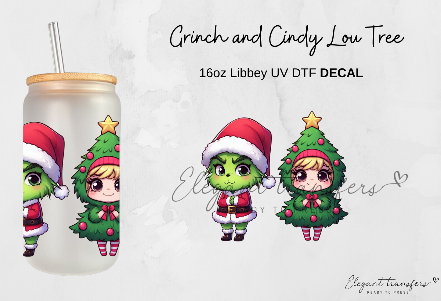 Baby Grinch & Cindy Lou Decals [EXCLUSIVE UV DTF - 16oz Glass Can] | Ready to Apply | Physical Item