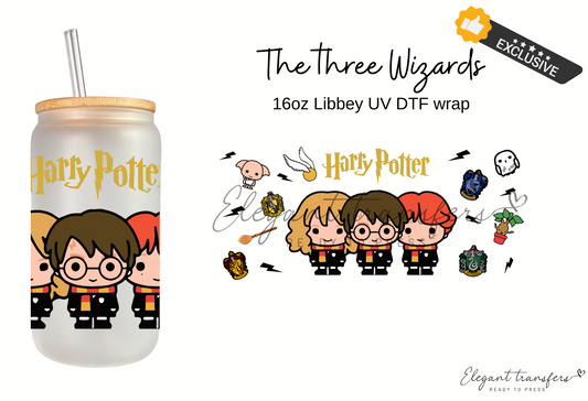 3 little wizards Wrap [EXCLUSIVE - UV DTF - 16oz Libbey Glass Can] | Ready to Apply | Physical Item