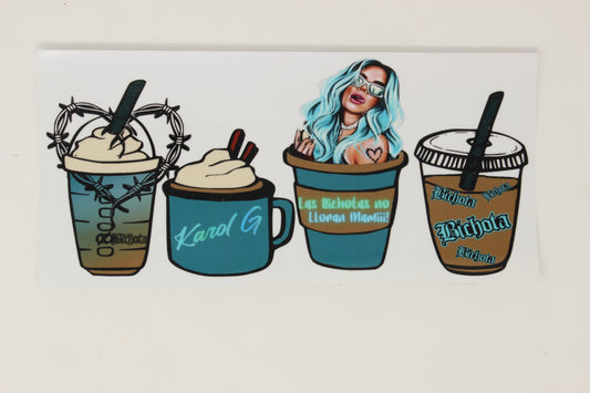 Karol G. Blue Latte Cup Wrap [UV DTF - 16oz Libbey Glass Can] | Ready to Apply | Physical Product | Transfer