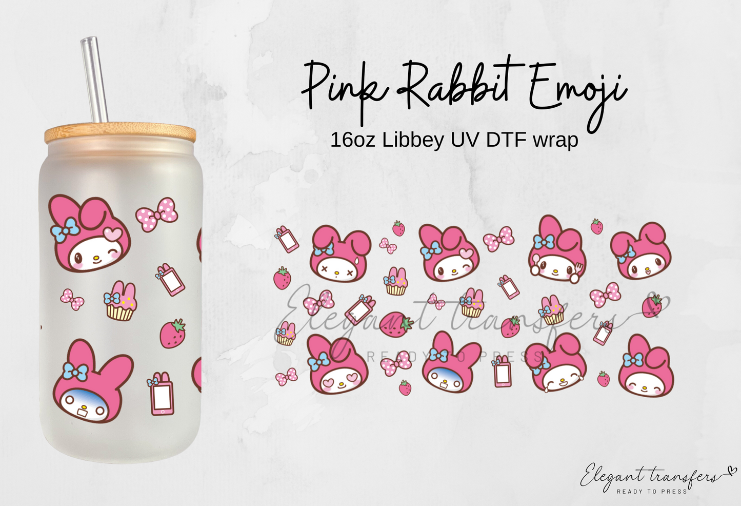 Pink Rabbit Emoji Wrap [UV DTF - 16oz Libbey Glass Can] | Ready to Apply | Physical Item