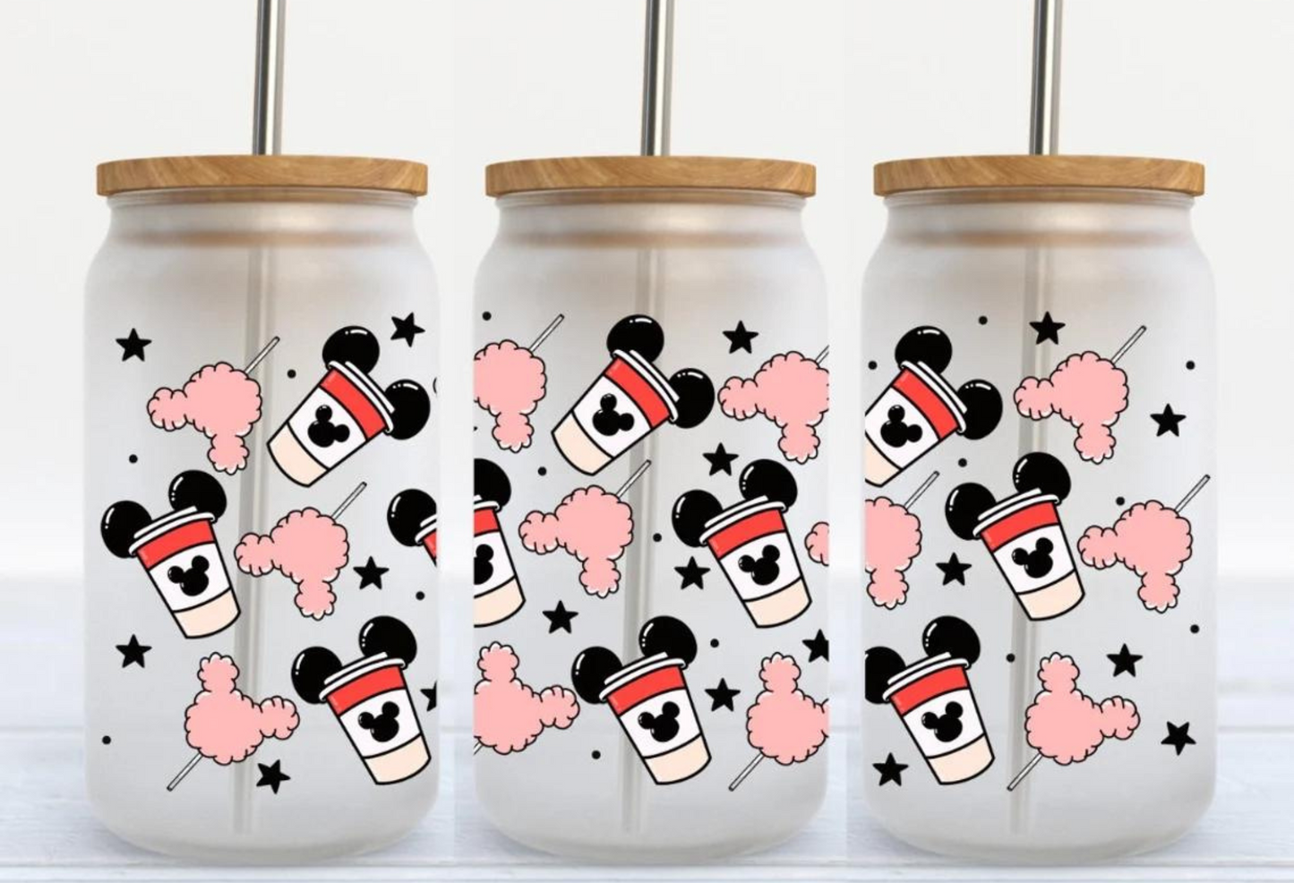 Mouse Shaped Cotton Candy Wrap [UV DTF - 16oz Libbey Glass Can] | Ready to Apply | Physical Product