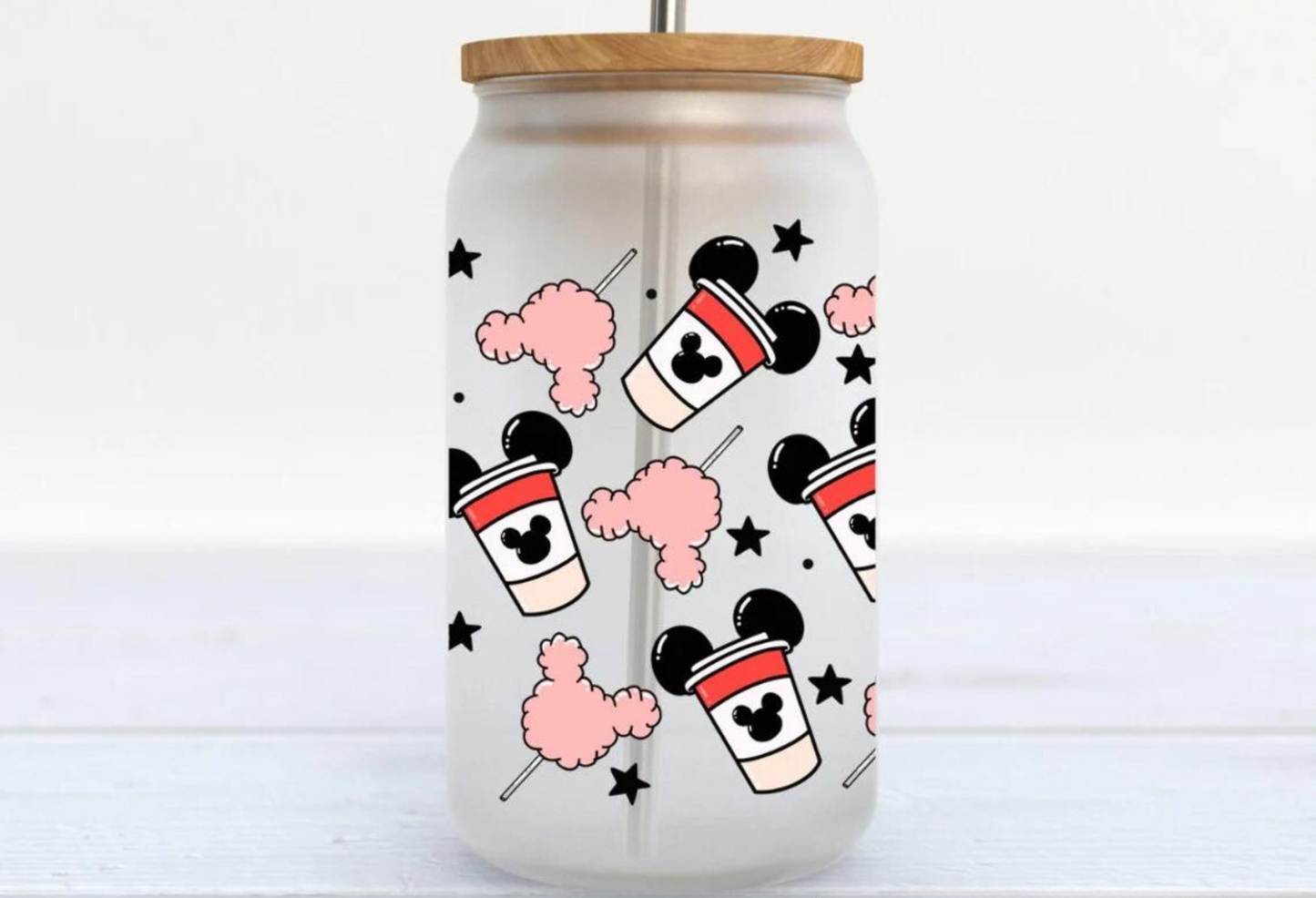 Mouse Shaped Cotton Candy Wrap [UV DTF - 16oz Libbey Glass Can] | Ready to Apply | Physical Product
