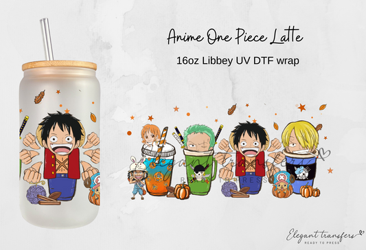 Anime One Piece Latte Wrap [UV DTF - 16oz Libbey Glass Can] | Ready to Apply | Physical Product