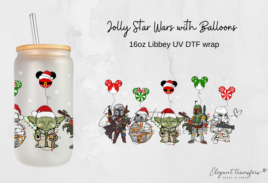 Jolly Star Wars with Balloons Wrap [UV DTF - 16oz Libbey Glass Can] | Ready to Apply | Physical Item